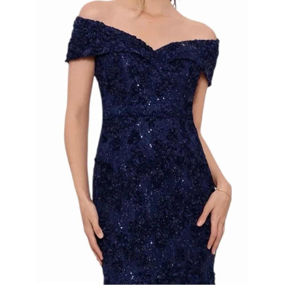XSCAPE Off The Shoulder Evening Formal Navy Blue Gown Sequins Lace Size 12 NEW - Picture 3 of 10